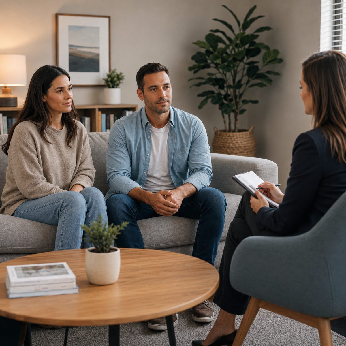 A couple sitting side by side on a sofa facing a therapist in a warm, calm room